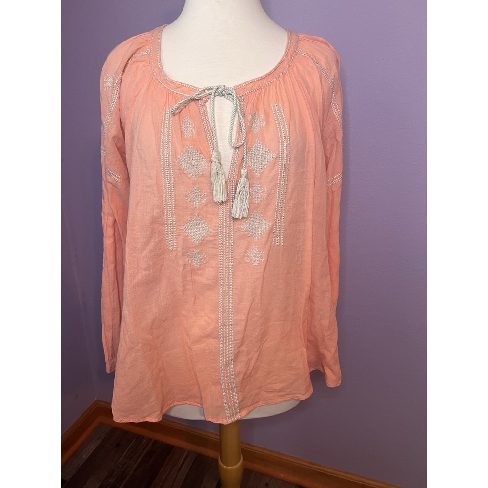 Loft Peach Embroidered Blouse Top Boho Chic Lightweight Casual Small Medium
